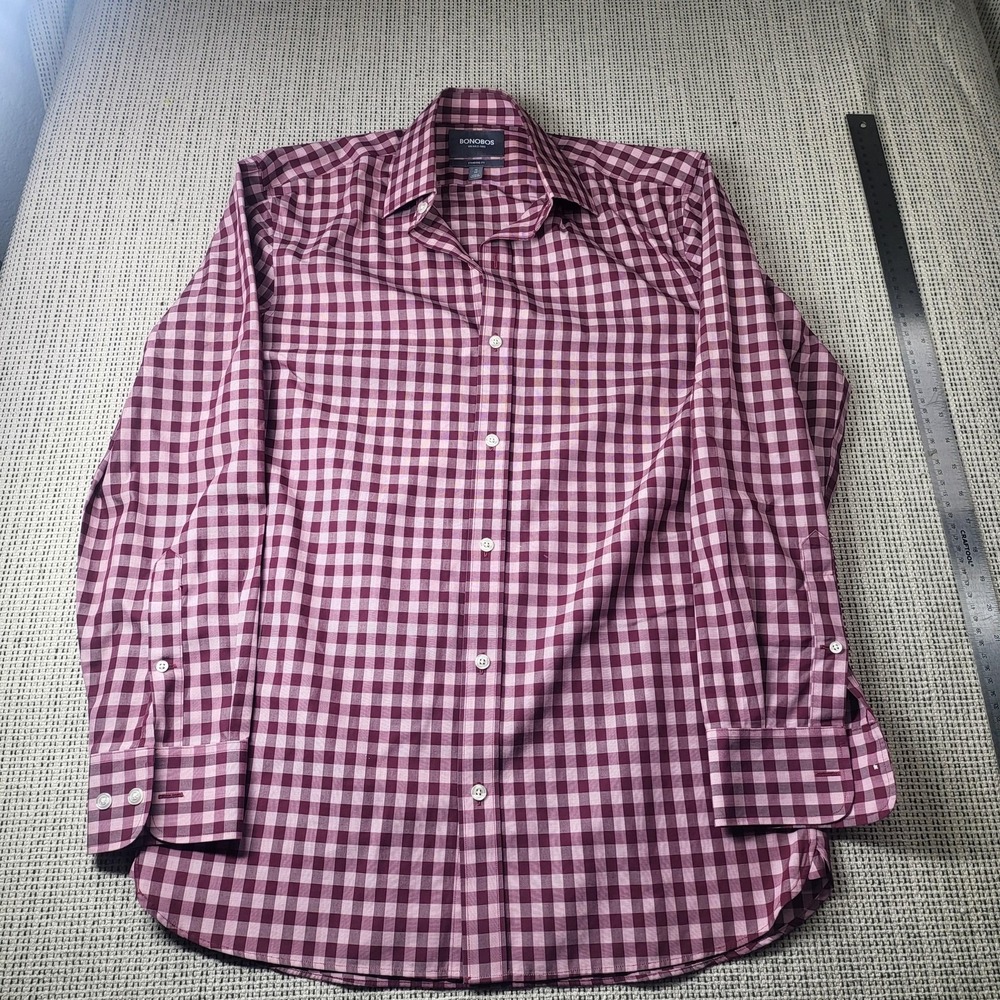 Bonobos Shirt Mens 15 32/33 Red Gingham Wrinkle Free Standard Fit Dress Business
